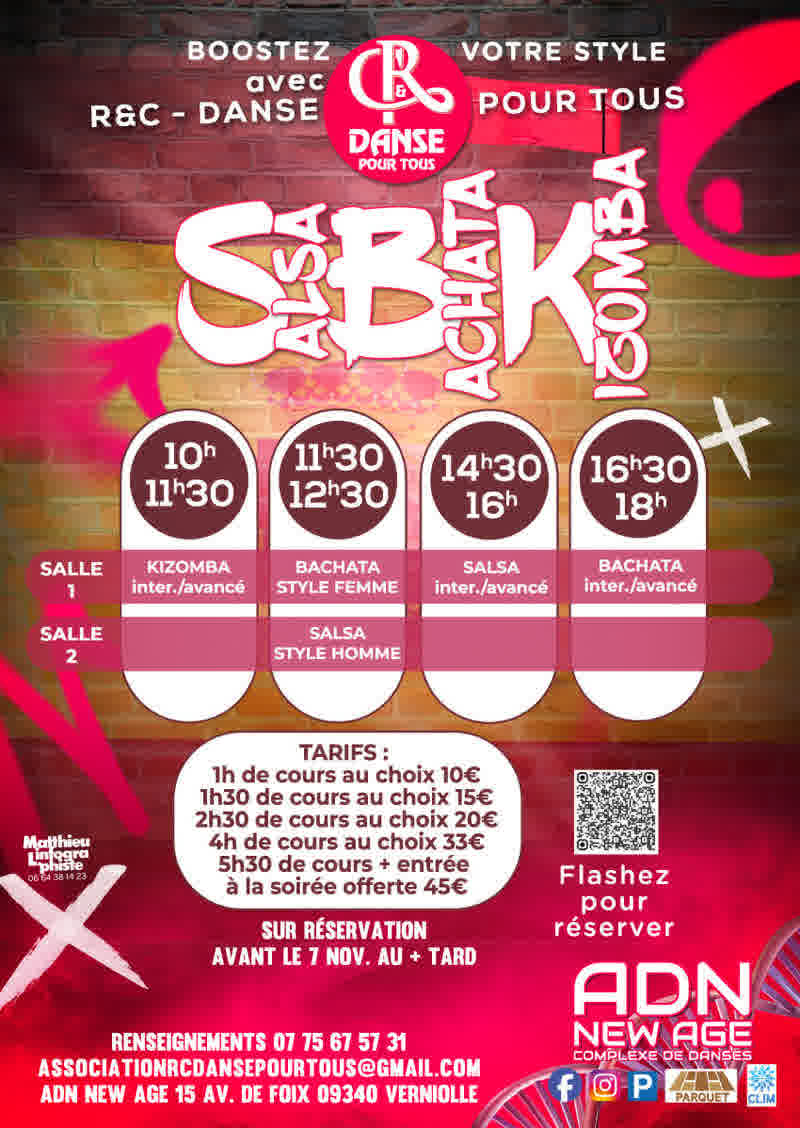 Flyer de la soirée Salsa, Bachata, Kizomba & Rock du 14 novembre 2026 à l’ADN New Age, Verniolle