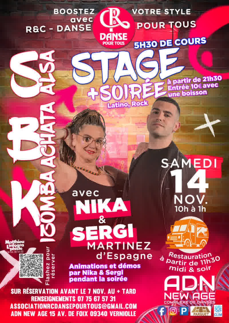 Flyer des stages et de la soirée SBK & Rock avec Nika & Sergi Martinez le 14 novembre 2026 à l’ADN New Age, Verniolle